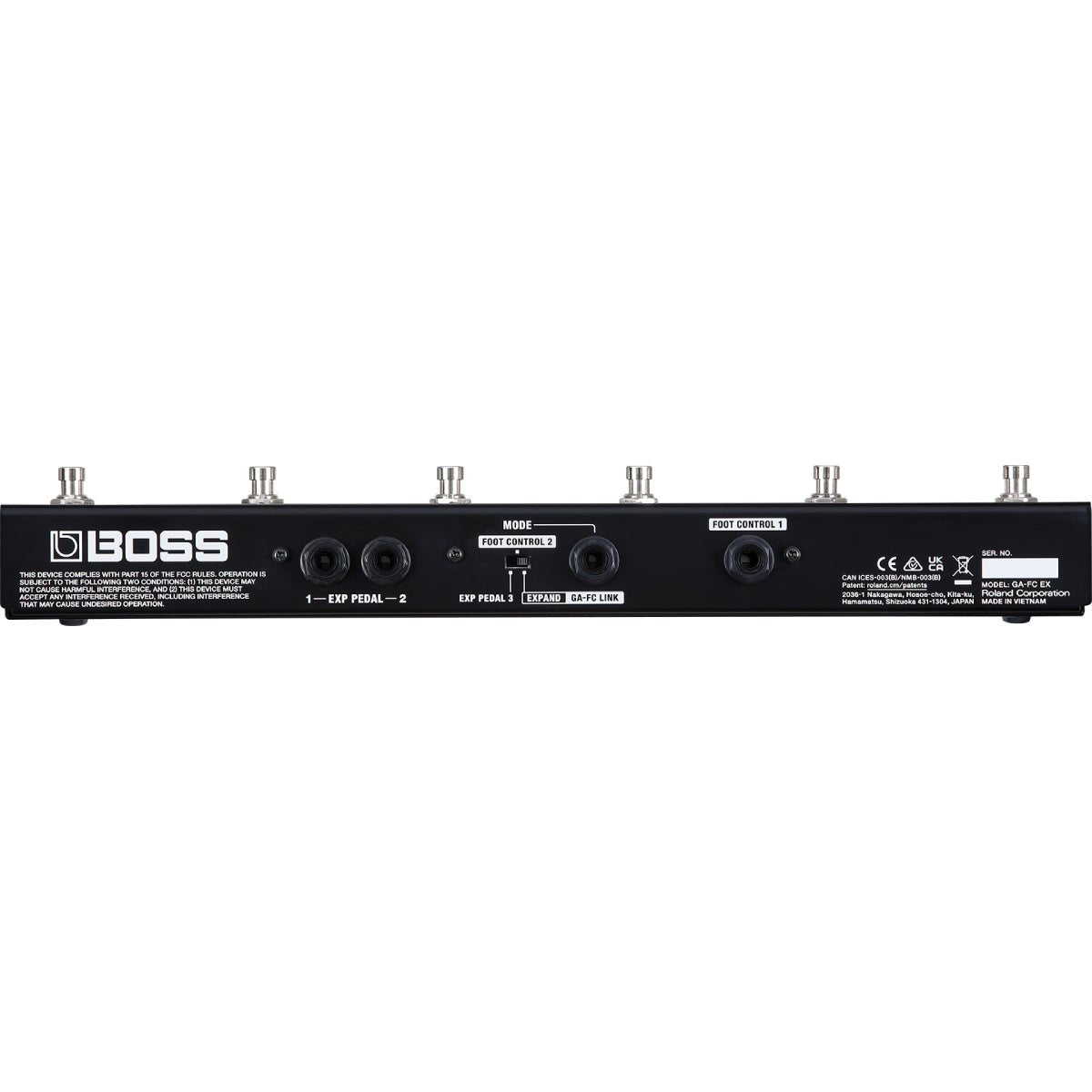 Footswitch BOSS GA-FC EX Foot Controller – mặt sau với cổng EXP PEDAL 1, 2, FOOT CONTROL và công tắc MODE