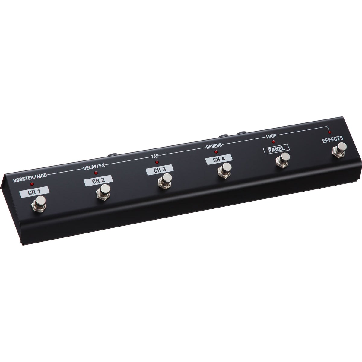 Footswitch BOSS GA-FC Foot Controller – góc nghiêng với 6 footswitch CH1–CH4, PANEL và EFFECTS