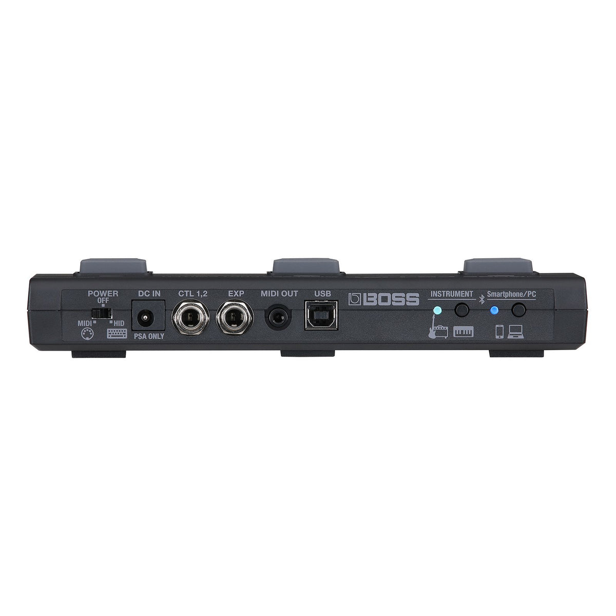 Footswitch Không Dây BOSS FS-1-WL – mặt sau với DC IN, CTL 1,2, EXP, MIDI OUT, USB và nút ghép Bluetooth