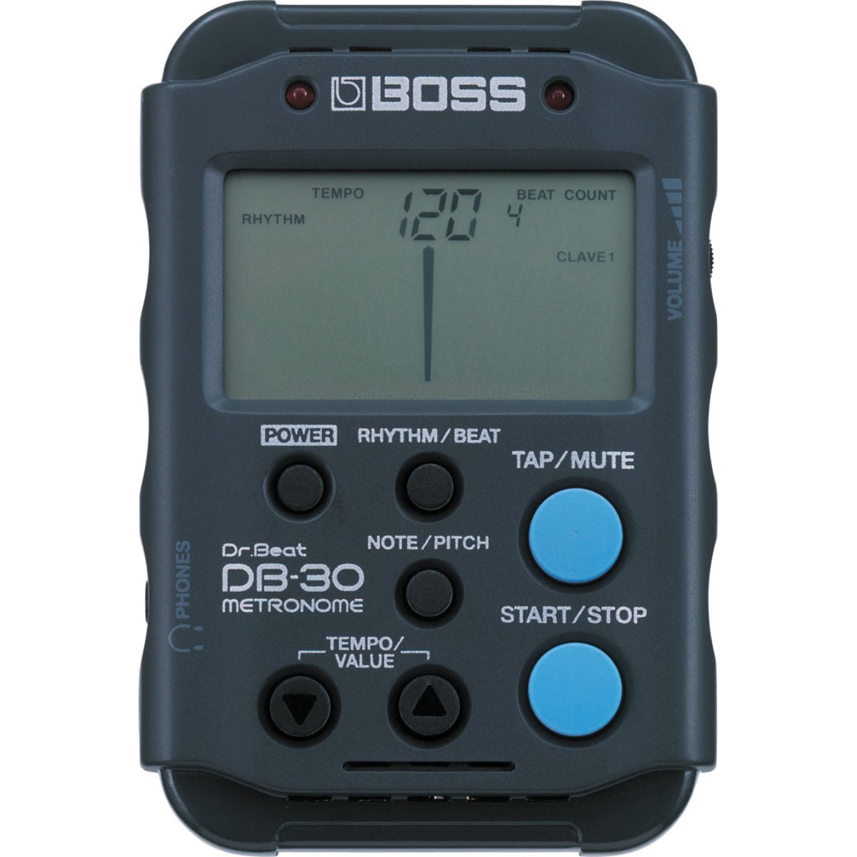 Máy Đếm Nhịp BOSS DB-30 Dr. Beat Metronome – mặt trước với màn hình LCD, nút TAP/MUTE và START/STOP