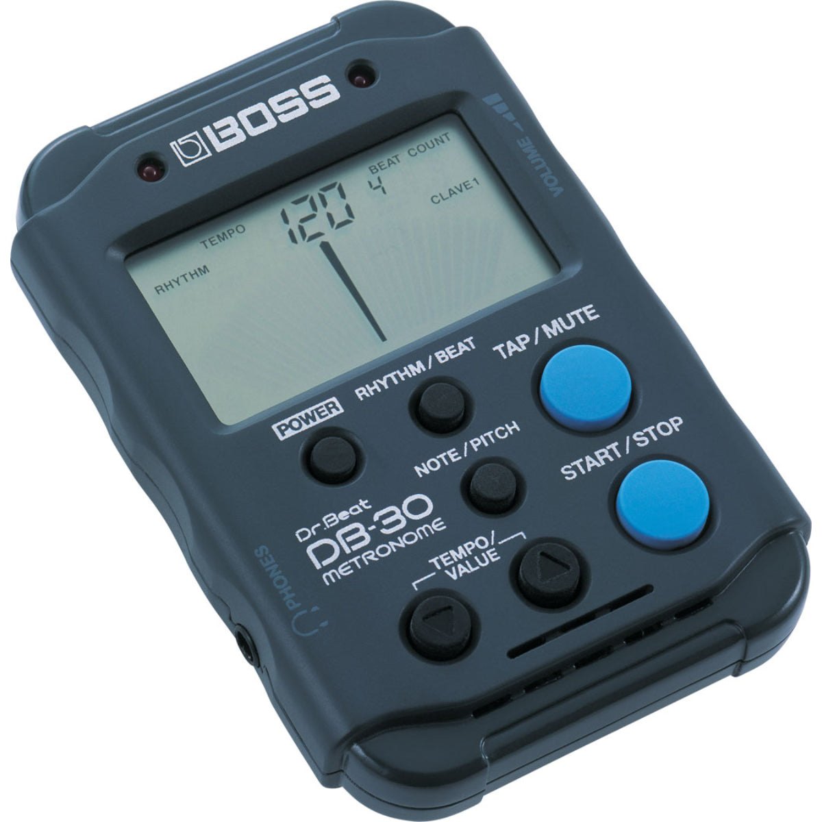 Máy Đếm Nhịp BOSS DB-30 Dr. Beat Metronome – góc nghiêng 3/4, màn hình hiển thị tempo và kiểu nhịp