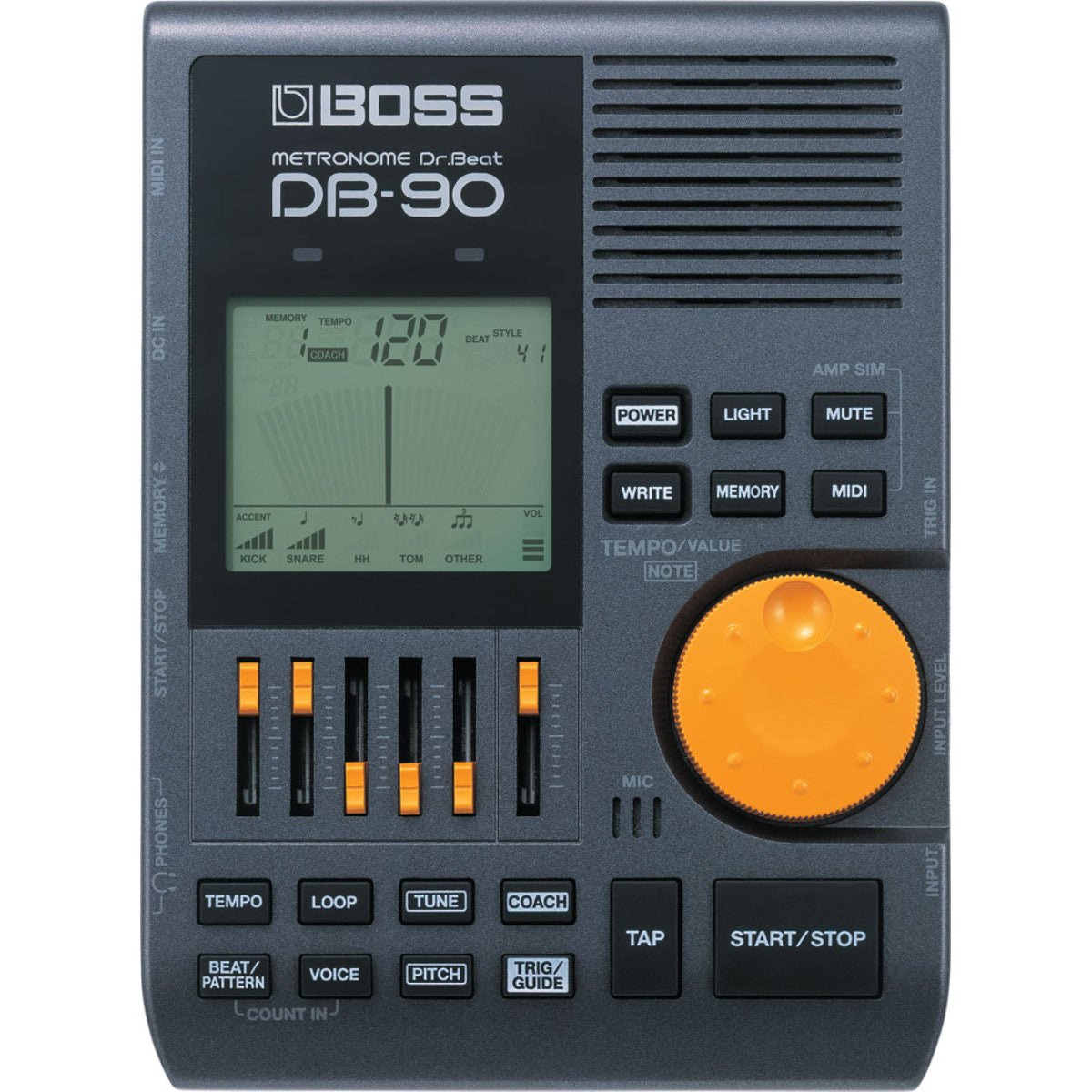 Máy Đếm Nhịp BOSS DB-90 Dr. Beat Metronome – mặt trước nhìn thẳng, màn hình LCD, núm xoay TEMPO cam và các phím