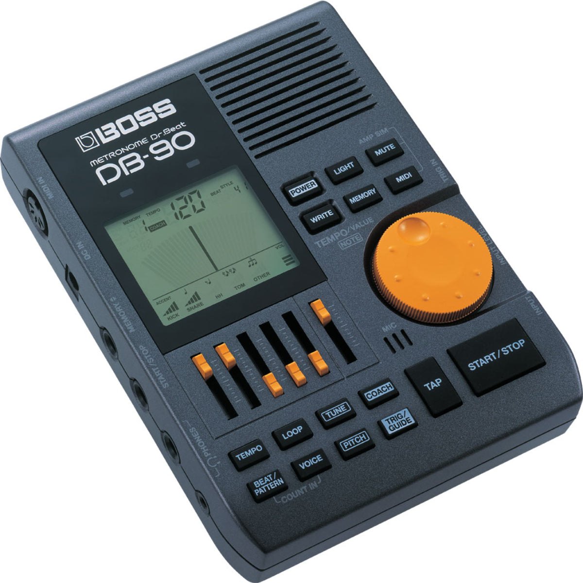 Máy Đếm Nhịp BOSS DB-90 Dr. Beat Metronome – góc nghiêng 3/4, màn hình, cần gạt trộn phách và nút START/STOP