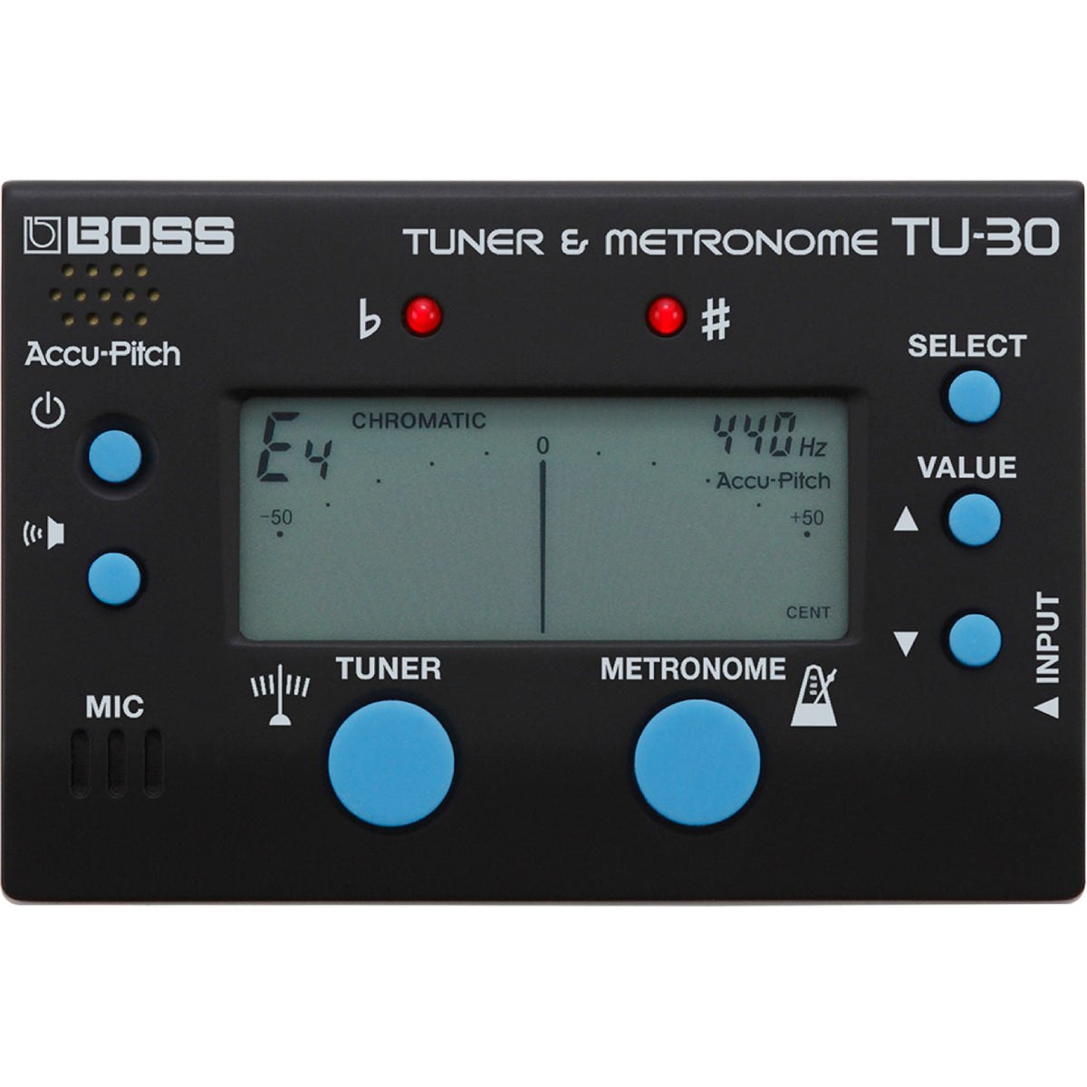 Máy Lên Dây Và Đếm Nhịp BOSS TU-30 Tuner & Metronome – mặt trước nhìn thẳng, màn hình hiển thị nốt E4 và 440Hz