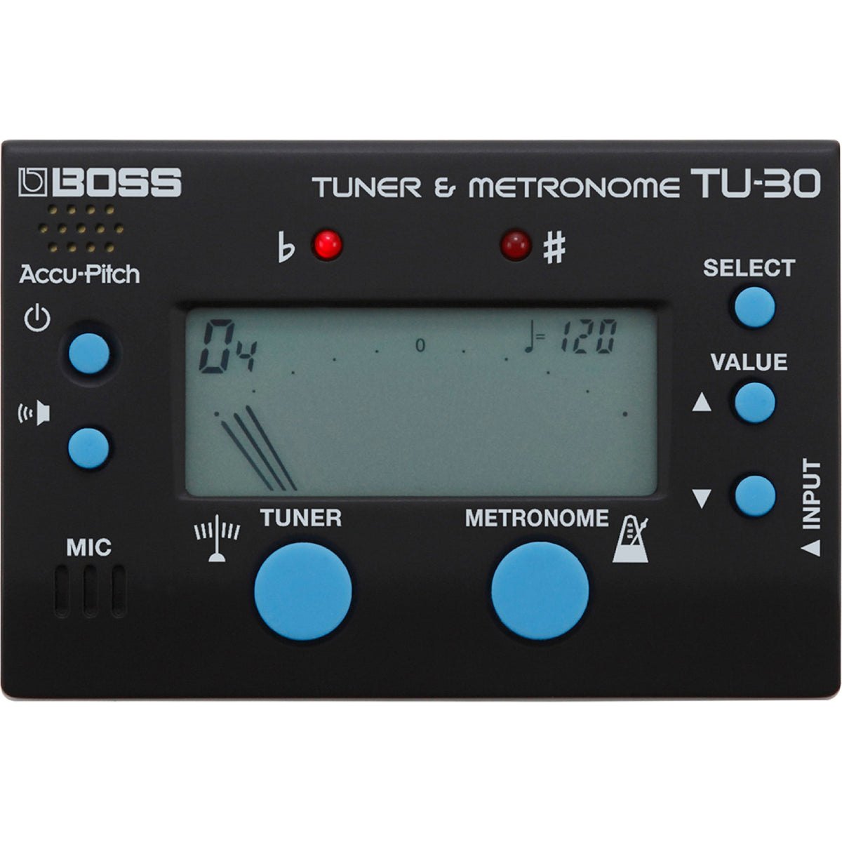 Máy Lên Dây Và Đếm Nhịp BOSS TU-30 Tuner & Metronome – mặt trước ở chế độ metronome, màn hình hiển thị nhịp 120