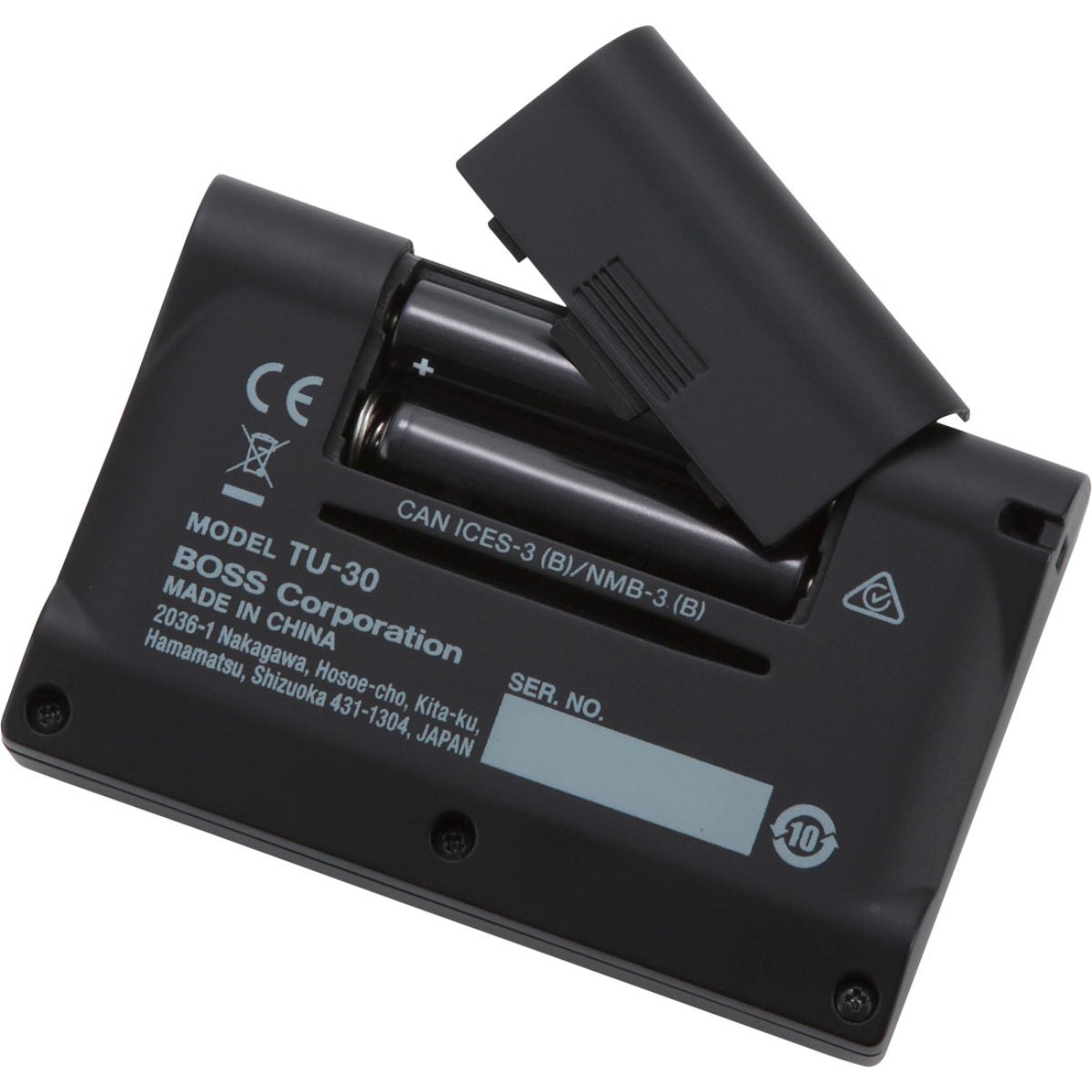Máy Lên Dây Và Đếm Nhịp BOSS TU-30 Tuner & Metronome – mặt sau mở nắp pin, thấy 2 viên pin và tem model TU-30