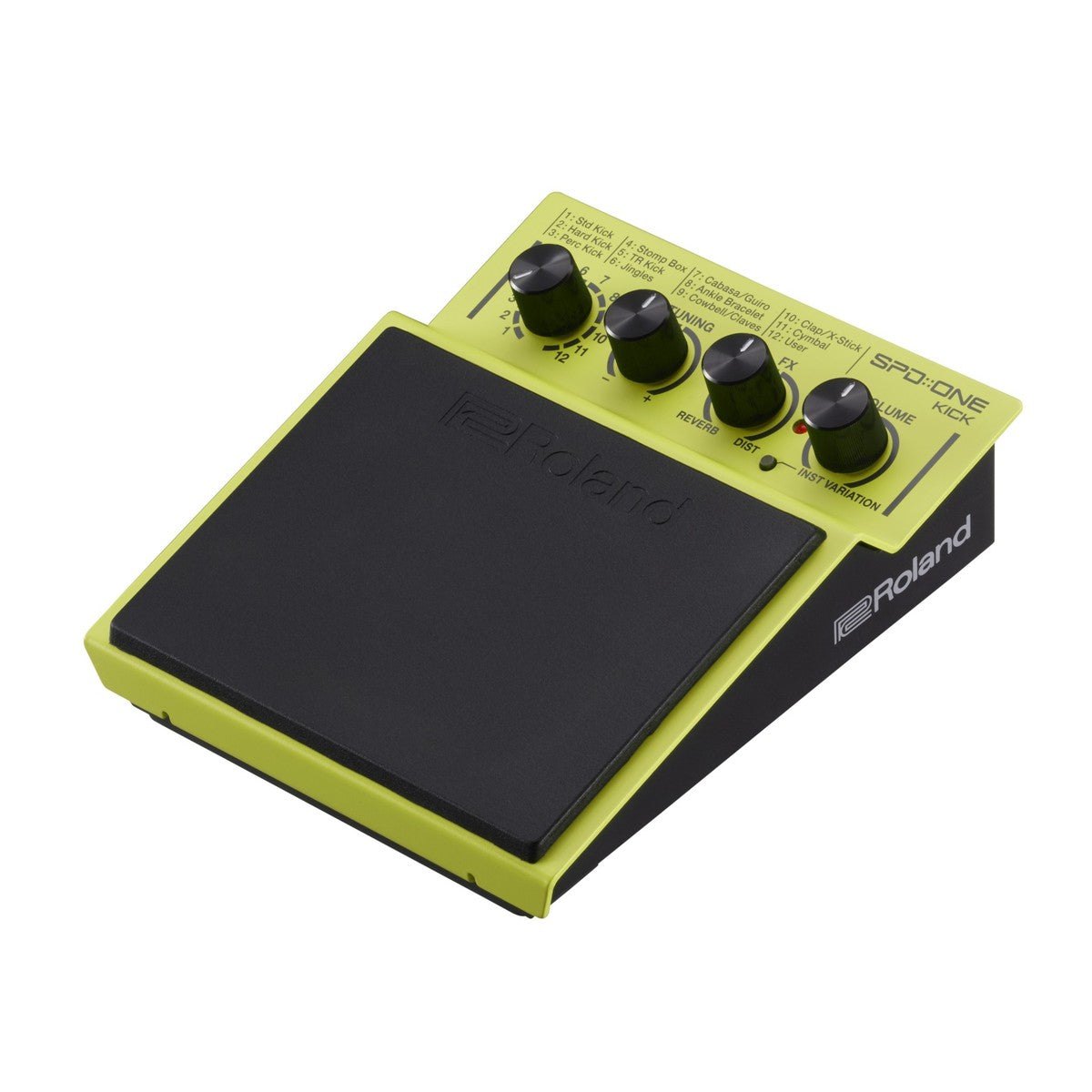 Pad Trống Điện Roland SPD::ONE KICK – góc nghiêng 3/4, mặt pad cao su và 4 núm chỉnh viền vàng