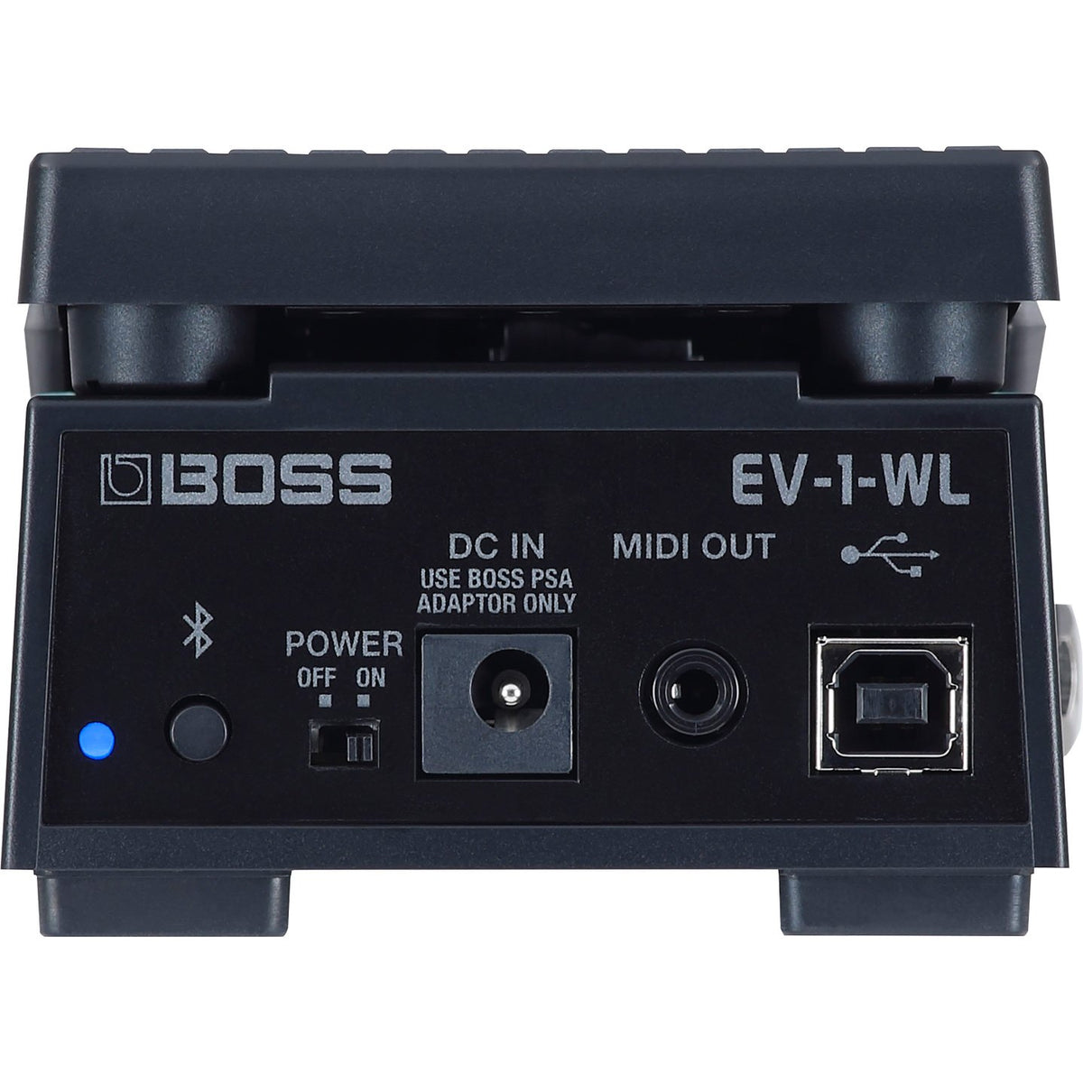 Pedal Expression BOSS EV-1-WL Wireless MIDI – mặt sau với nút Bluetooth, công tắc nguồn, DC IN, MIDI OUT và USB