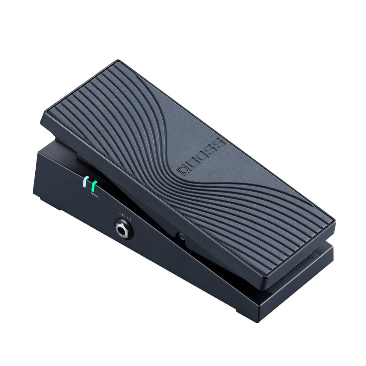 Pedal Expression BOSS EV-1-WL Wireless MIDI – góc nghiêng 3/4 với bàn đạp vân sóng và đèn LED trạng thái