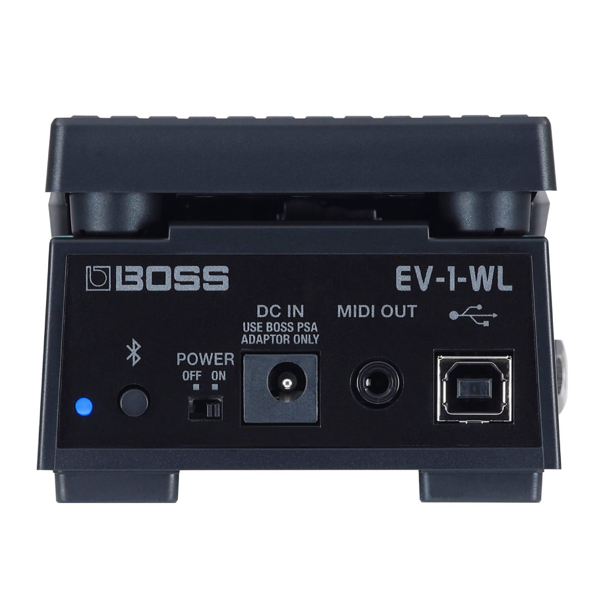 Pedal Expression BOSS EV-1-WL Wireless MIDI – mặt sau với nút Bluetooth, công tắc POWER, DC IN, MIDI OUT và USB