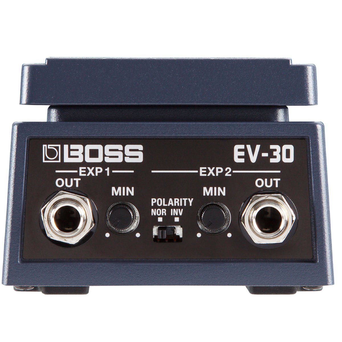 Pedal Expression BOSS EV-30 – mặt trước với 2 cổng OUT EXP1/EXP2, núm MIN và công tắc POLARITY