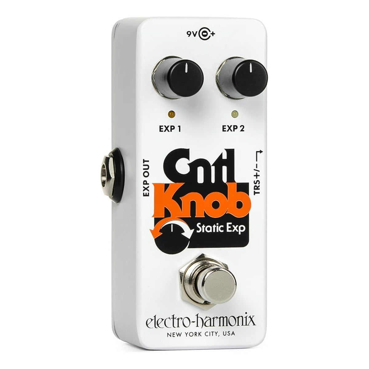Pedal Expression Electro-Harmonix Cntl Knob Static Expression – Mặt trước Electro-Harmonix Cntl Knob với hai núm EXP 1, EXP 2, đèn LED và footswitch