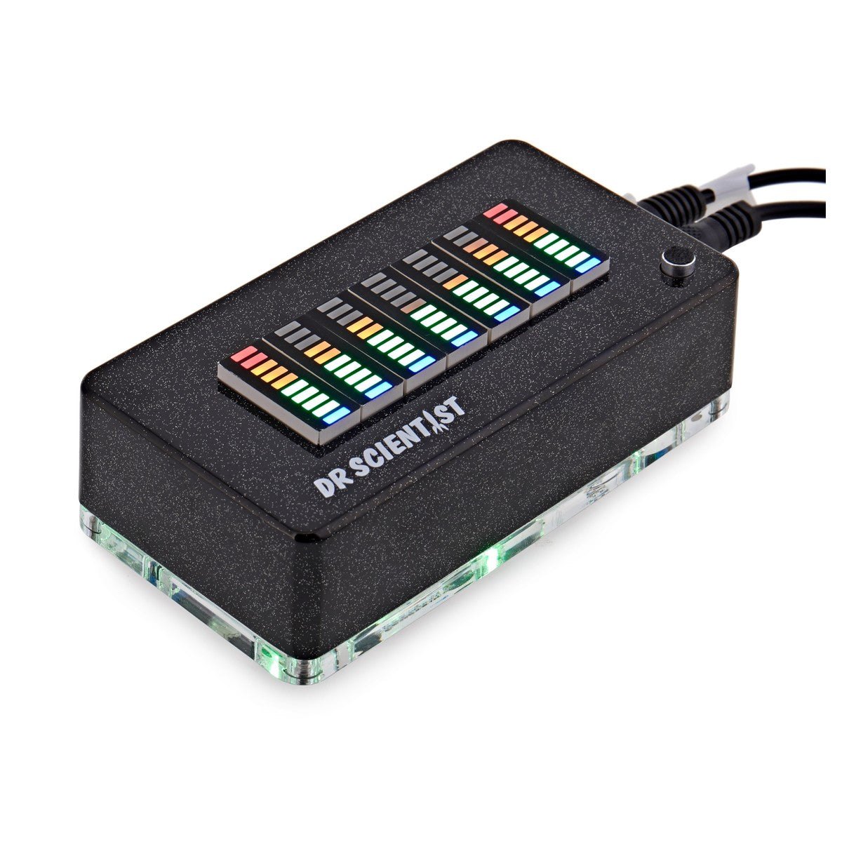 Pedal Phân Tích Phổ LED Dr. Scientist Spectrum Analyzer – góc nghiêng 3/4, vỏ đen sần, đế acrylic phát sáng xanh lá