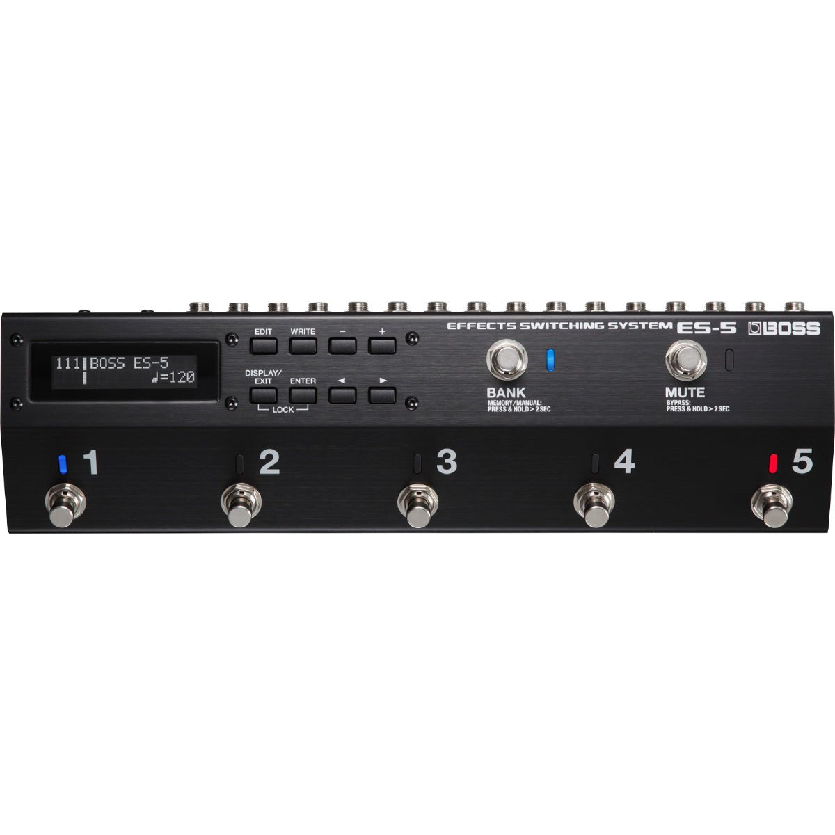 Pedal Switcher BOSS ES-5 Effects Switching System – mặt trên với màn hình, 5 nút loop, nút BANK và MUTE