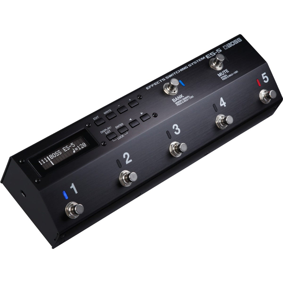 Pedal Switcher BOSS ES-5 Effects Switching System – góc nghiêng trái, thân kim loại đen với 7 công tắc bàn đạp