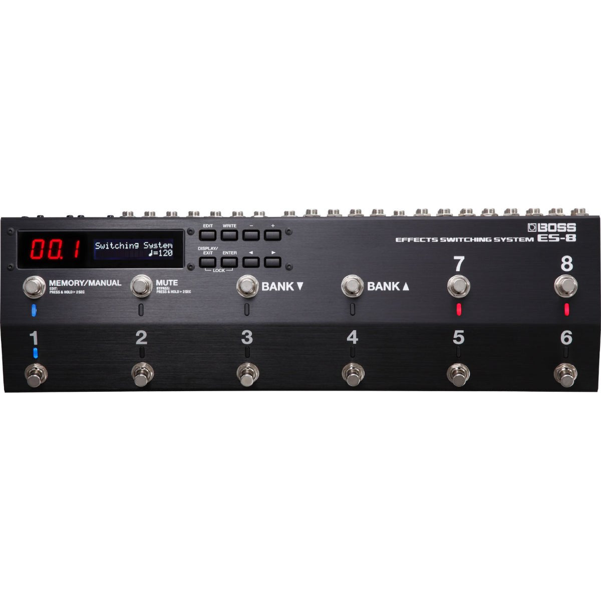Pedal Switcher BOSS ES-8 Effects Switching System – mặt trên với màn hình LED/LCD và 12 footswitch, gồm 8 nút loop đánh số