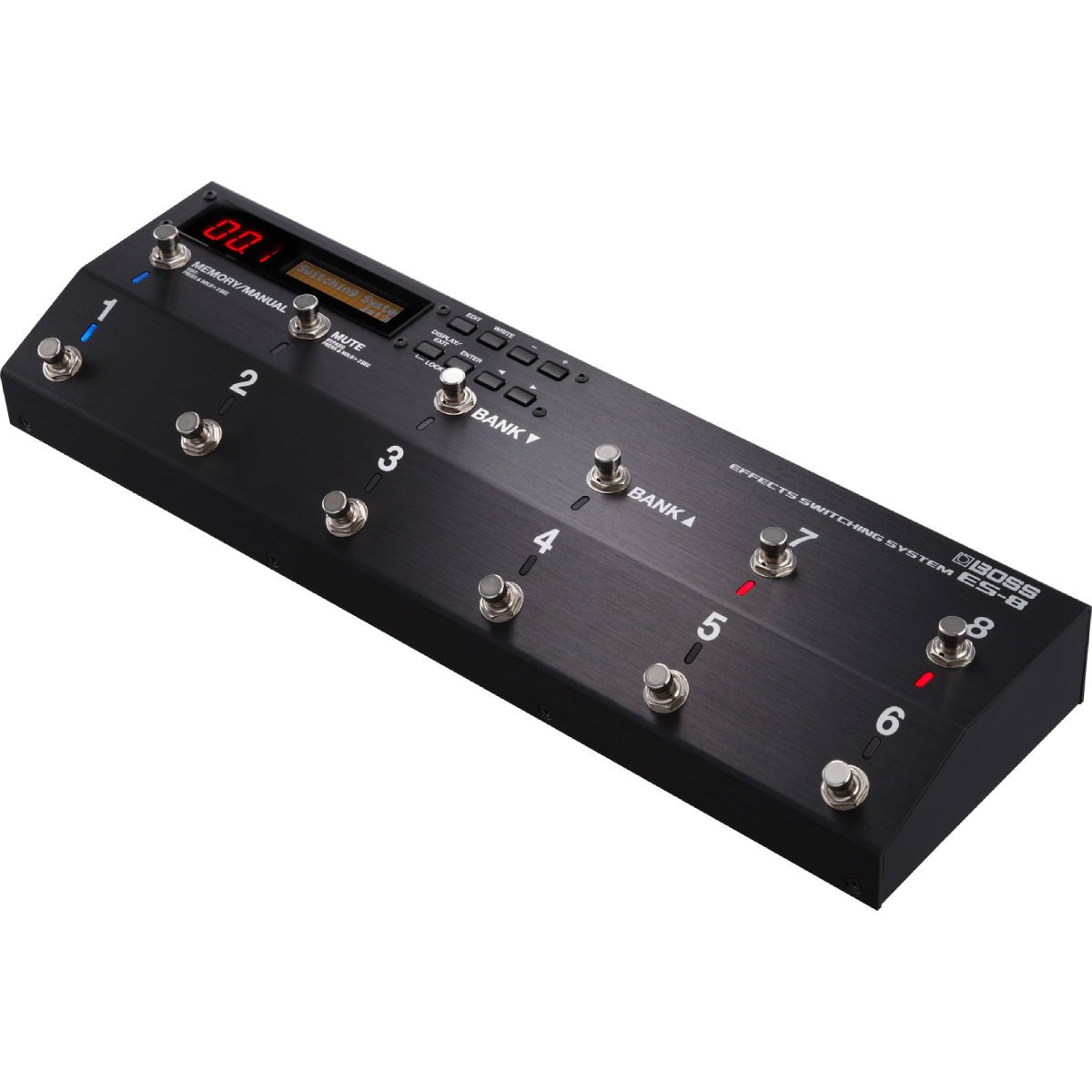 Pedal Switcher BOSS ES-8 Effects Switching System – nhìn nghiêng từ bên trái, thân kim loại đen với dãy footswitch