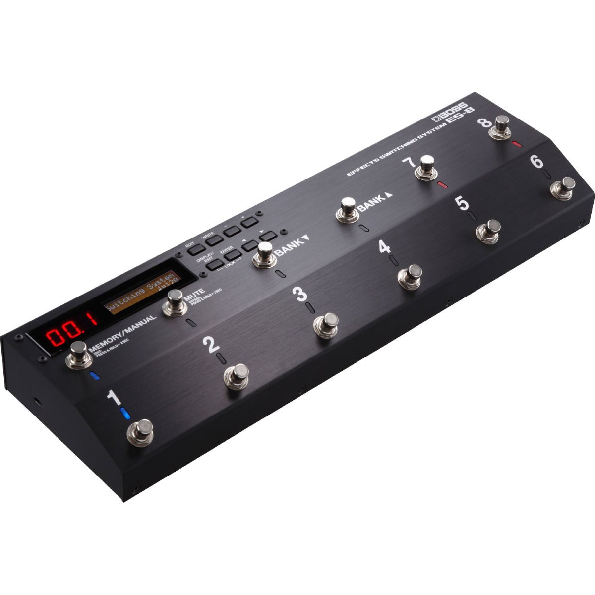 Pedal Switcher BOSS ES-8 Effects Switching System – nhìn nghiêng từ bên phải, thấy màn hình và các nút BANK lên/xuống