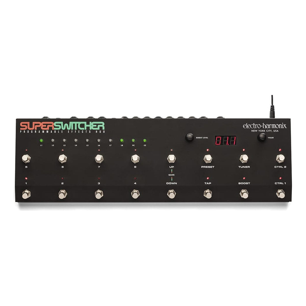 Pedal Switcher Electro-Harmonix Super Switcher Programmable Effects Hub – Mặt trên Electro-Harmonix Super Switcher với 16 footswitch, nút L1-8, PC, CC, màn hình ký tự, núm BOOST và VALUE
