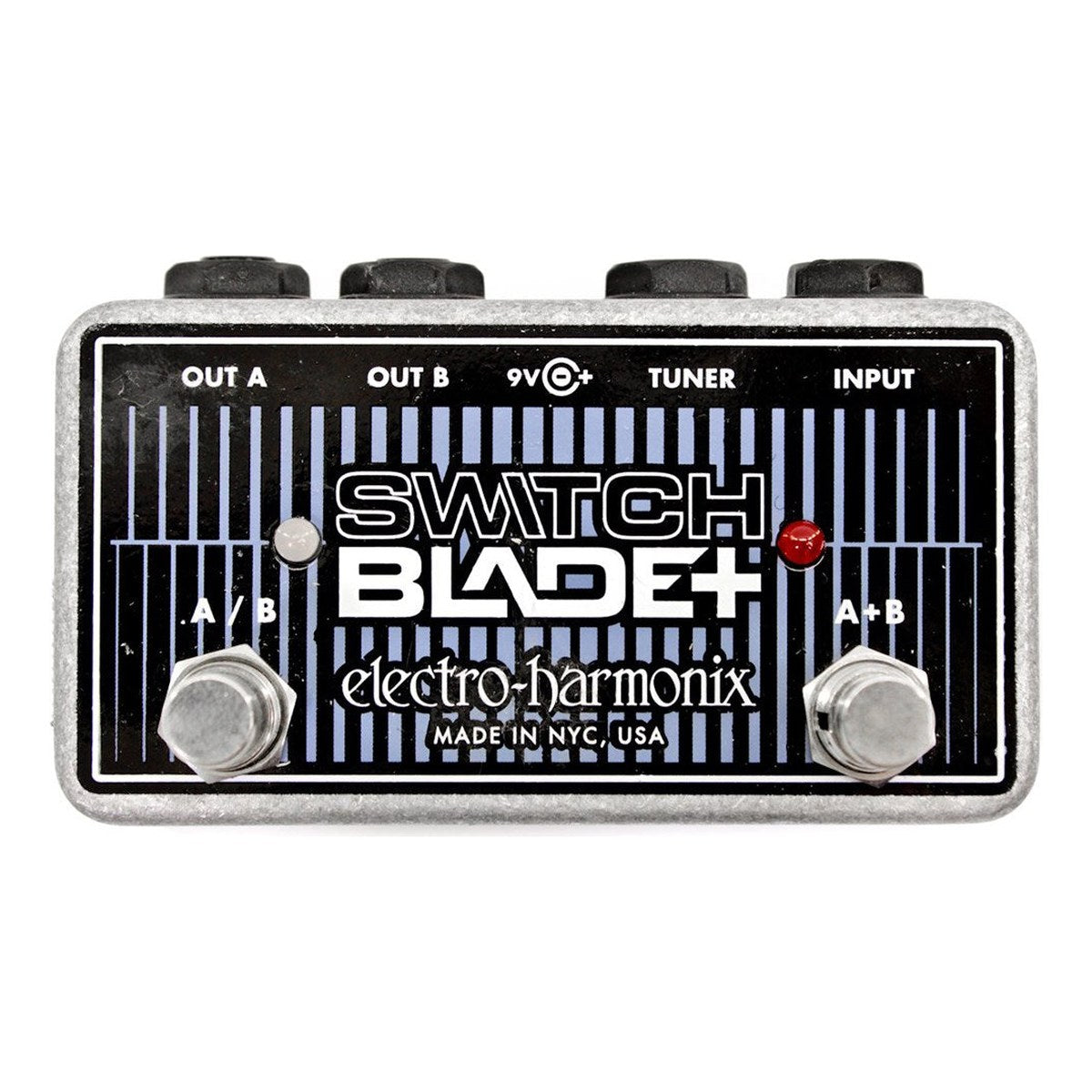 Pedal Switcher Electro-Harmonix Switchblade Plus Channel Selector – Mặt trên Electro-Harmonix Switchblade+ với hai footswitch A/B và A+B, đèn LED, hàng jack OUT A, OUT B, TUNER, INPUT