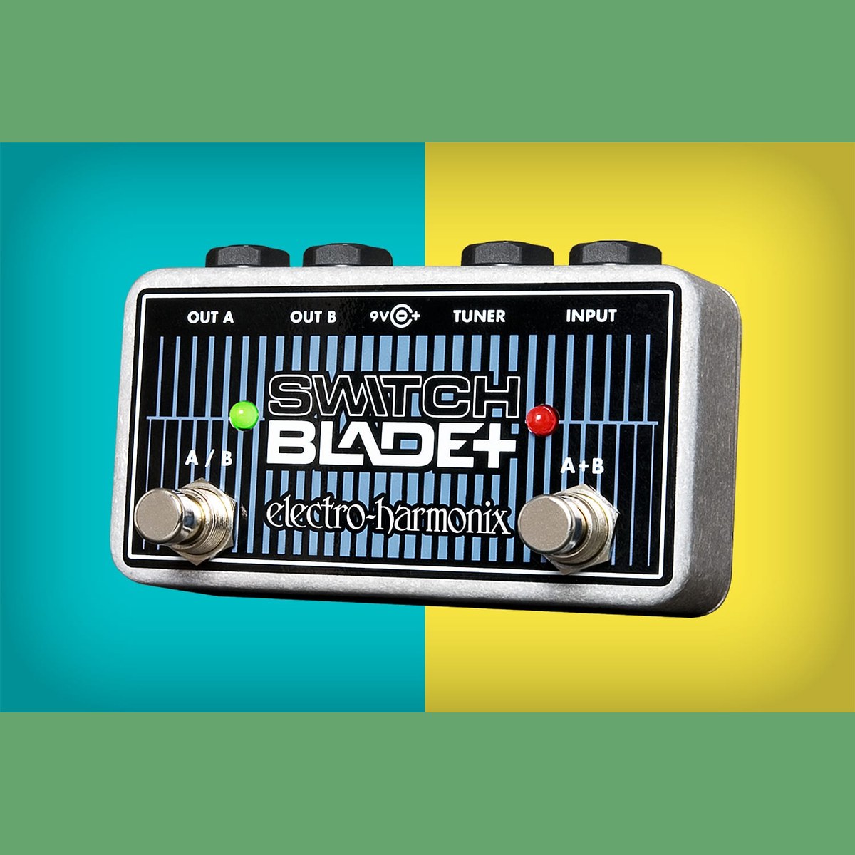 Pedal Switcher Electro-Harmonix Switchblade Plus Channel Selector – Switchblade+ trên nền màu, đèn LED xanh và đỏ đang sáng