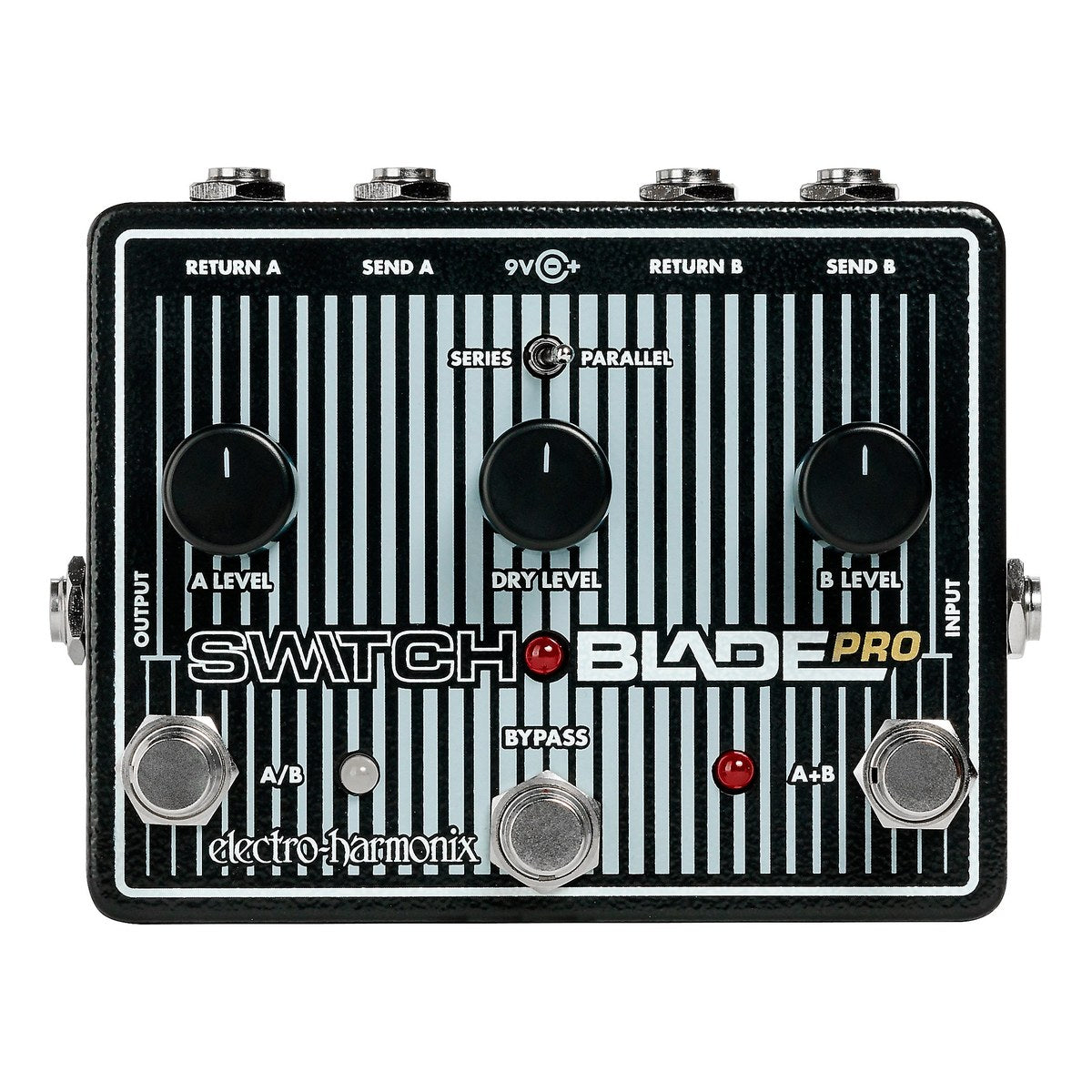 Pedal Switcher Electro-Harmonix Switchblade Pro – mặt trên Switchblade Pro nền trắng với 3 núm LEVEL và 3 footswitch
