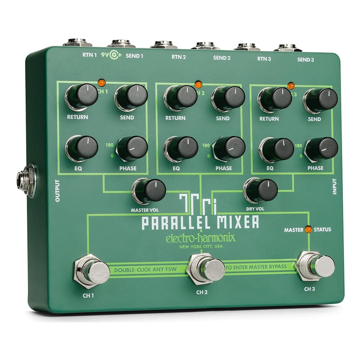 Pedal Switcher Electro-Harmonix Tri Parallel Mixer – Tri Parallel Mixer nhìn chéo với ba khu kênh RETURN, SEND, EQ, PHASE và ba footswitch CH1, CH2, CH3