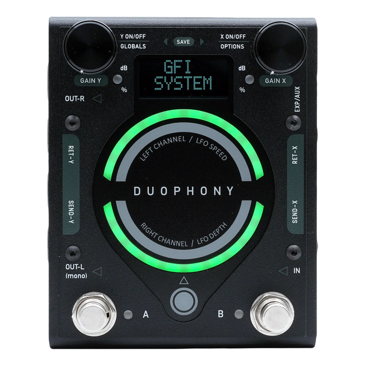 mặt trên GFI System Duophony với hai núm GAIN Y, GAIN X, màn hình và vòng thanh trượt cảm ứng sáng đèn