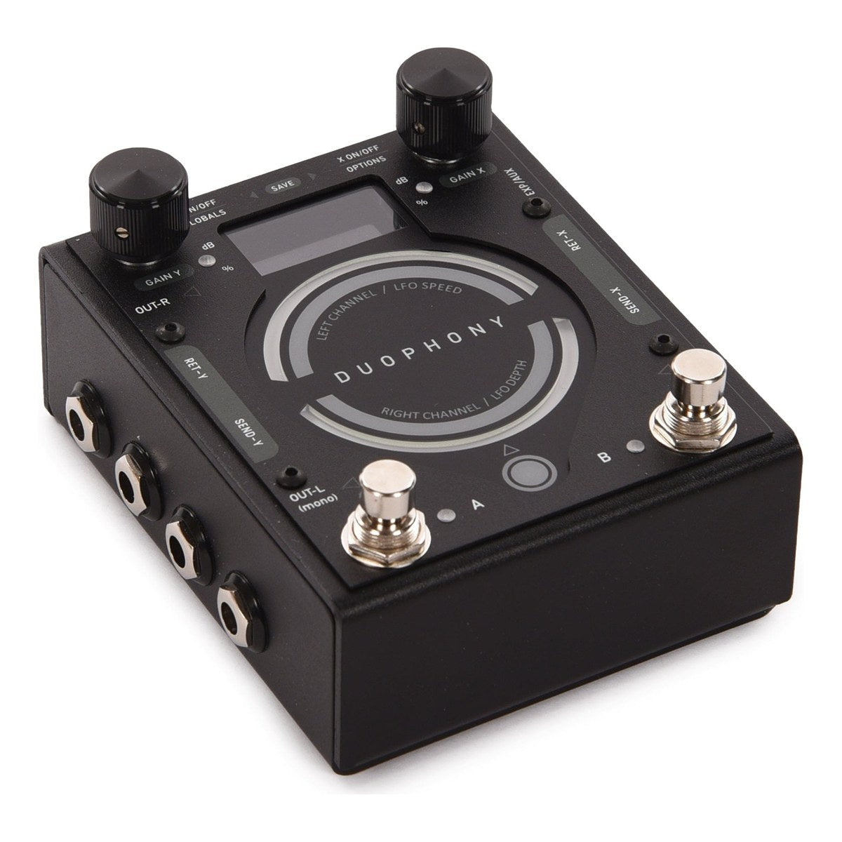 GFI System Duophony nhìn nghiêng, thấy cạnh hông có 4 jack và hai footswitch A, B