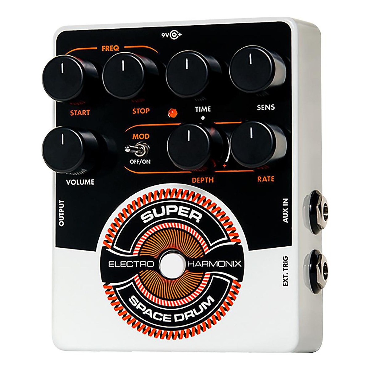 Electro-Harmonix Super Space Drum nhìn hơi nghiêng, thấy jack AUX IN và EXT. TRIG ở cạnh phải