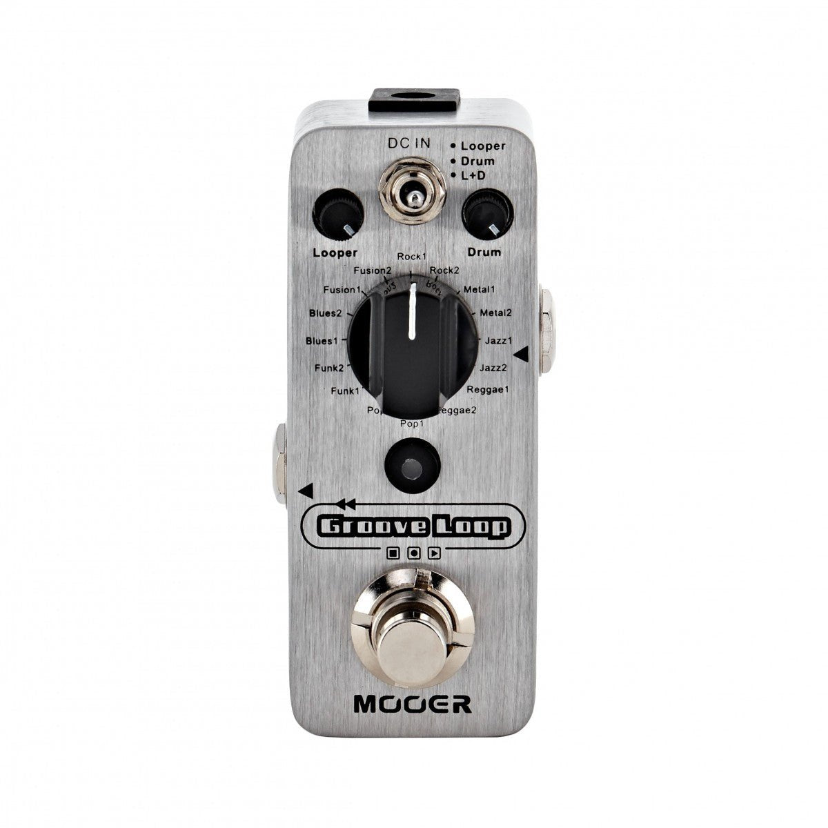 Pedal Trống Kiêm Looper Mooer Groove Loop – mặt trên với núm chọn 16 điệu trống, núm Looper và Drum