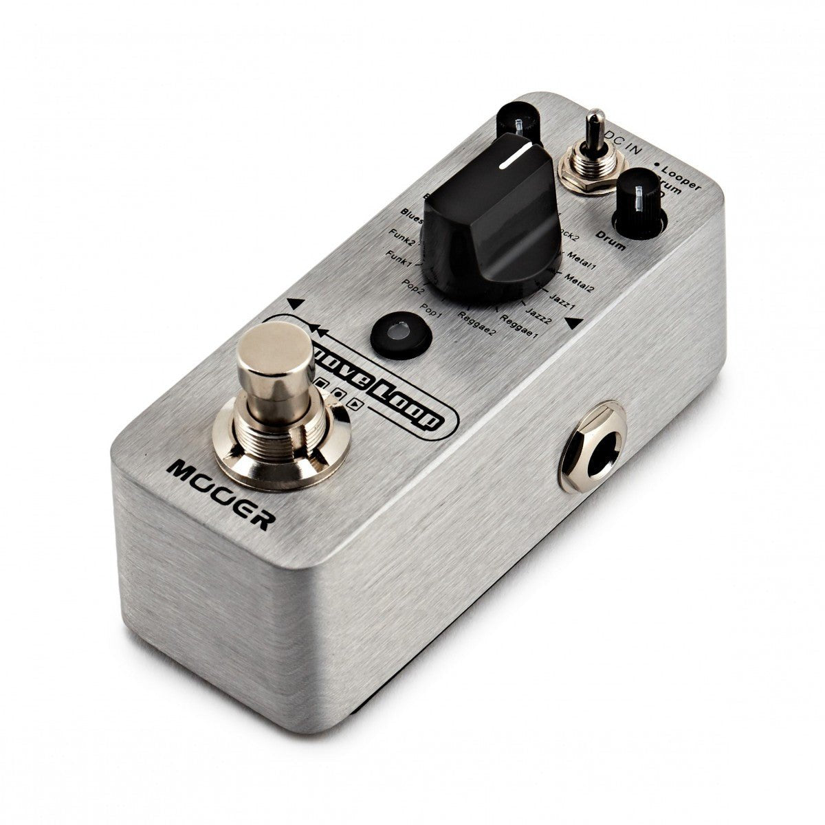Pedal Trống Kiêm Looper Mooer Groove Loop – góc nghiêng 3/4, thân nhôm xước bạc, cổng jack hông phải
