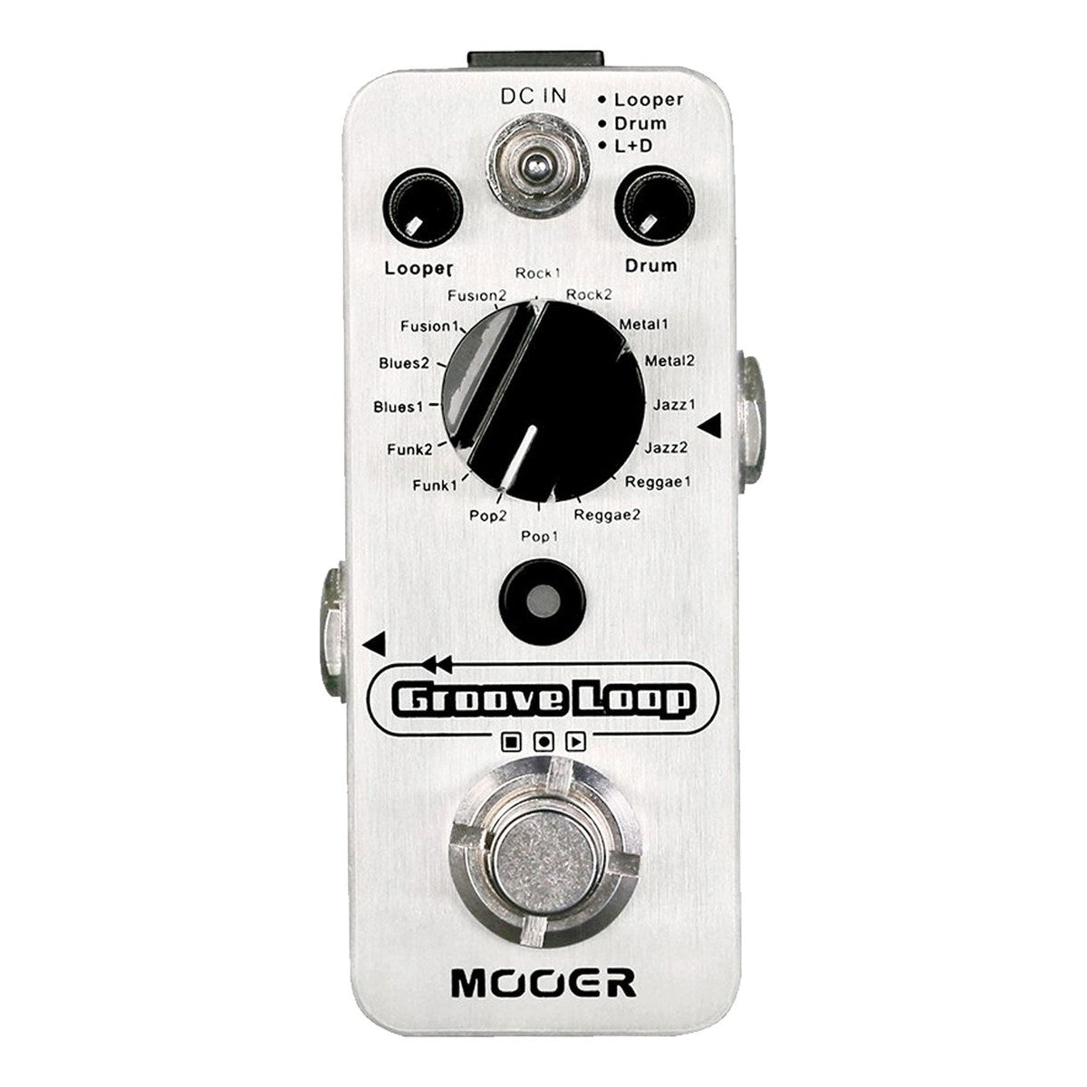 chính diện mặt trên Mooer Groove Loop với núm chọn 16 nhịp trống, núm Looper, Drum, công tắc chế độ và footswitch