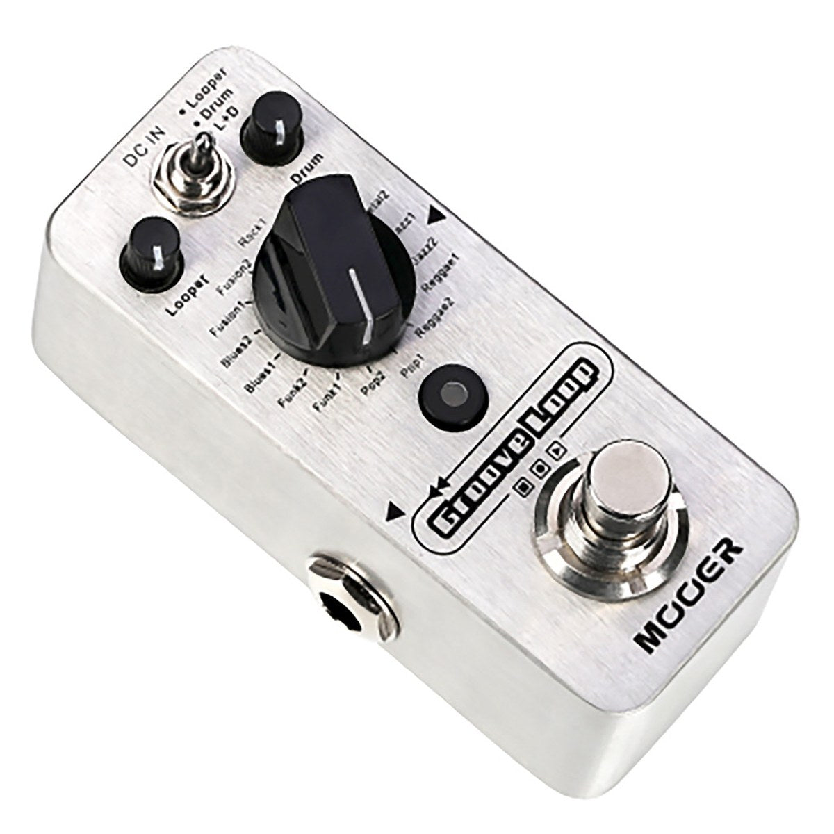 góc nghiêng trái Mooer Groove Loop vỏ bạc, thấy cạnh trái có jack ra