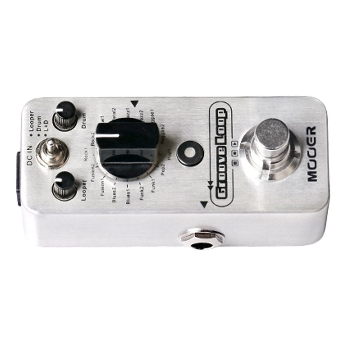 Mooer Groove Loop đặt ngang nhìn từ cạnh trái, thấy jack ra và nút TAP TEMPO