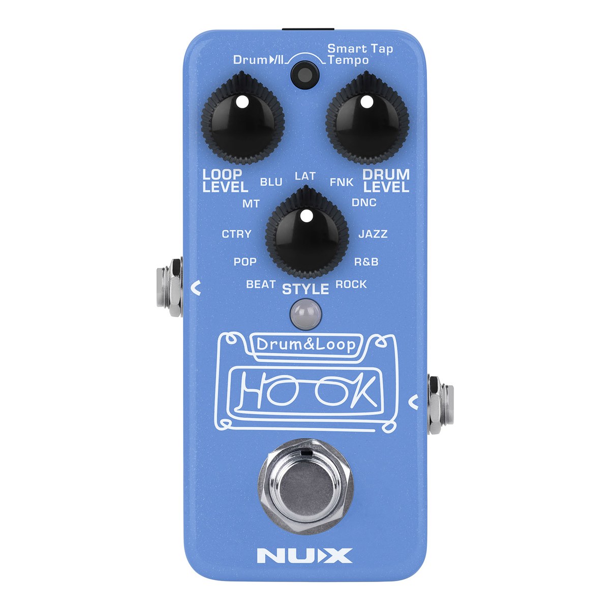 Pedal Trống Kiêm Looper NUX HOOK Drum & Loop NDL-3 – Mặt trên NUX HOOK Drum & Loop NDL-3 với núm LOOP LEVEL, DRUM LEVEL, STYLE và nút Drum/Smart Tap Tempo