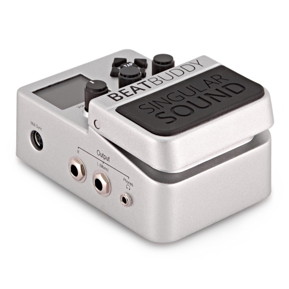 Pedal Trống Singular Sound BeatBuddy – góc nghiêng với jack Output L/R, cổng tai nghe và Midi Sync