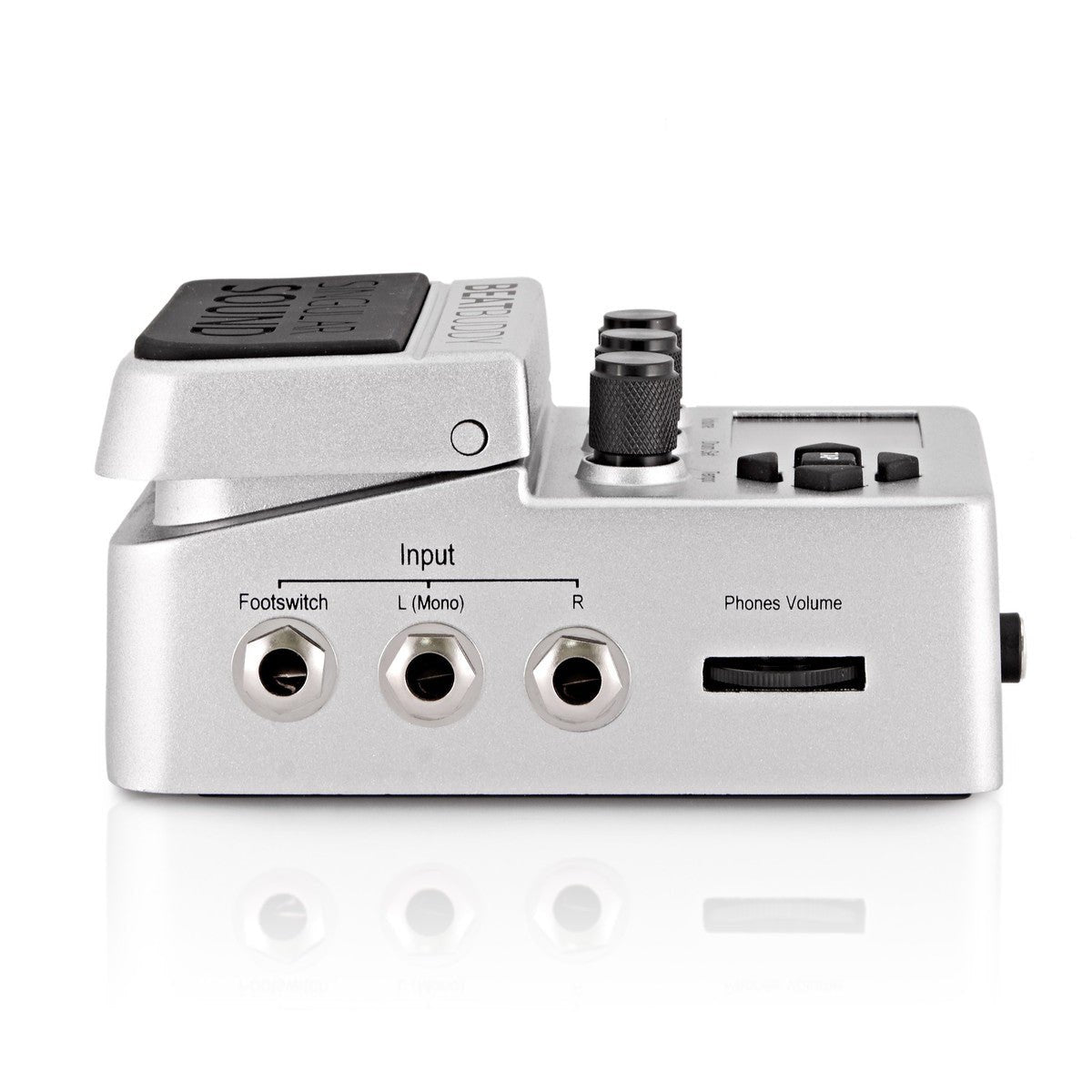 Pedal Trống Singular Sound BeatBuddy – cạnh bên với jack Footswitch, Input L/R và núm Phones Volume