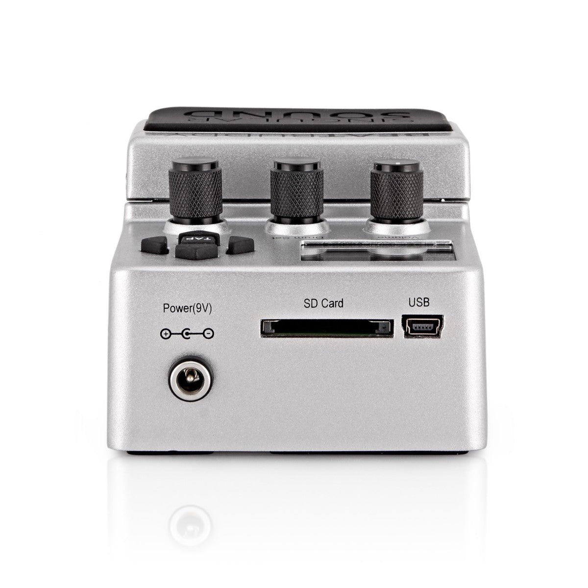 Pedal Trống Singular Sound BeatBuddy – mặt sau với cổng nguồn 9V, khe thẻ SD và cổng USB