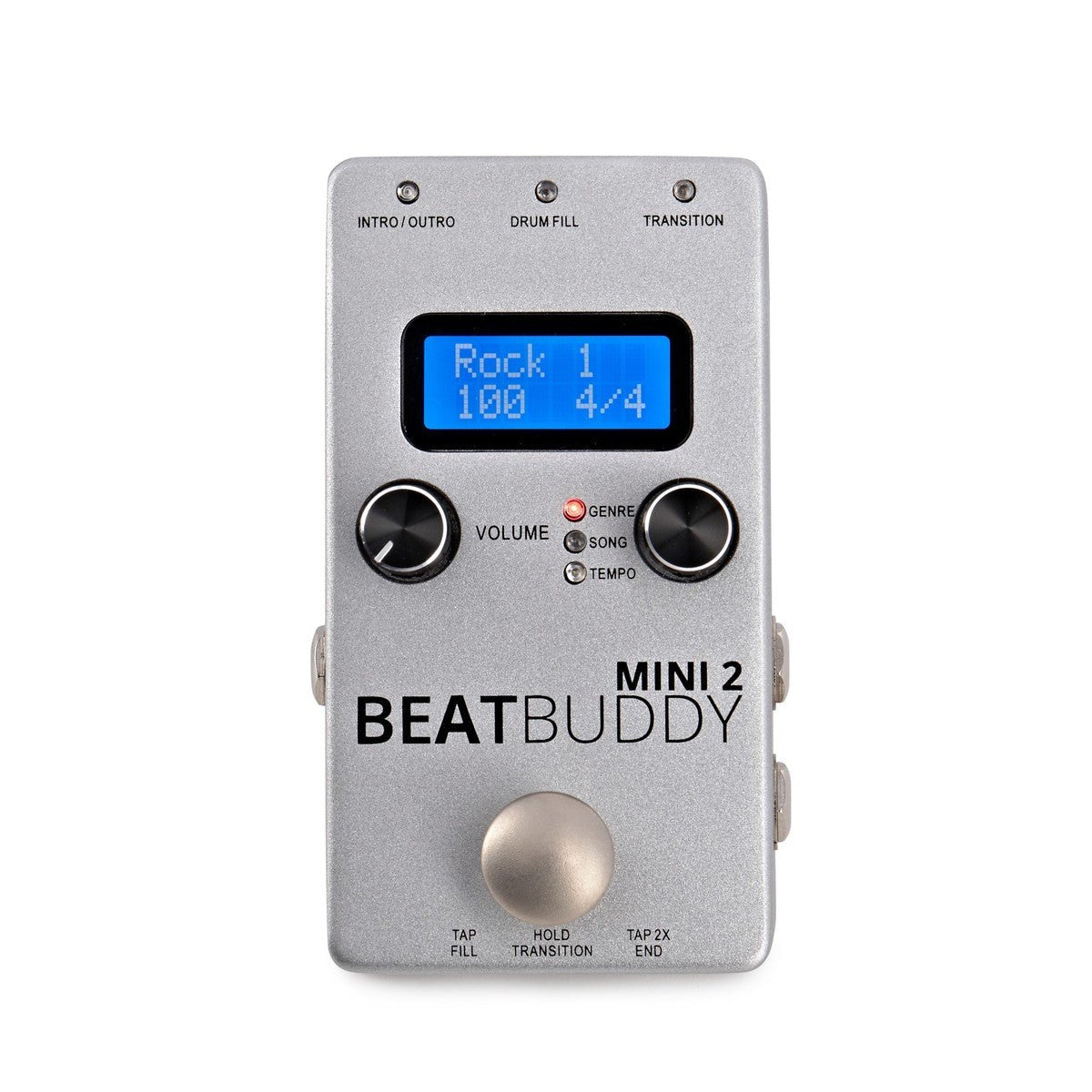 Pedal Trống Singular Sound BeatBuddy Mini 2 – mặt trên với màn hình LCD xanh, núm Volume và núm chọn