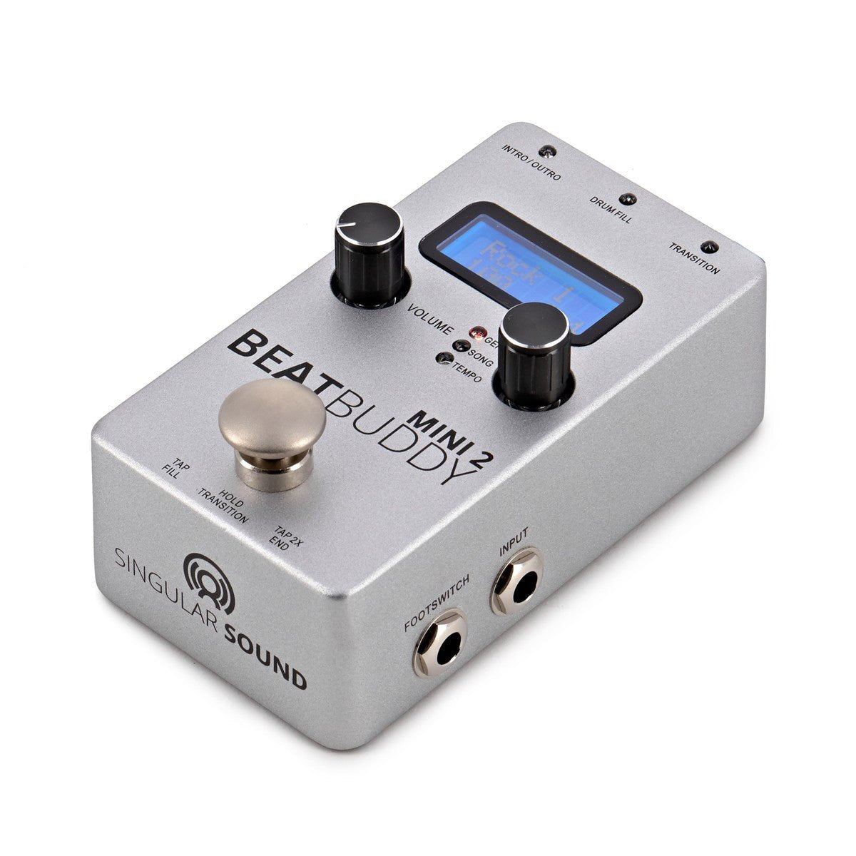 Pedal Trống Singular Sound BeatBuddy Mini 2 – góc nghiêng cạnh phải với jack Footswitch và Input