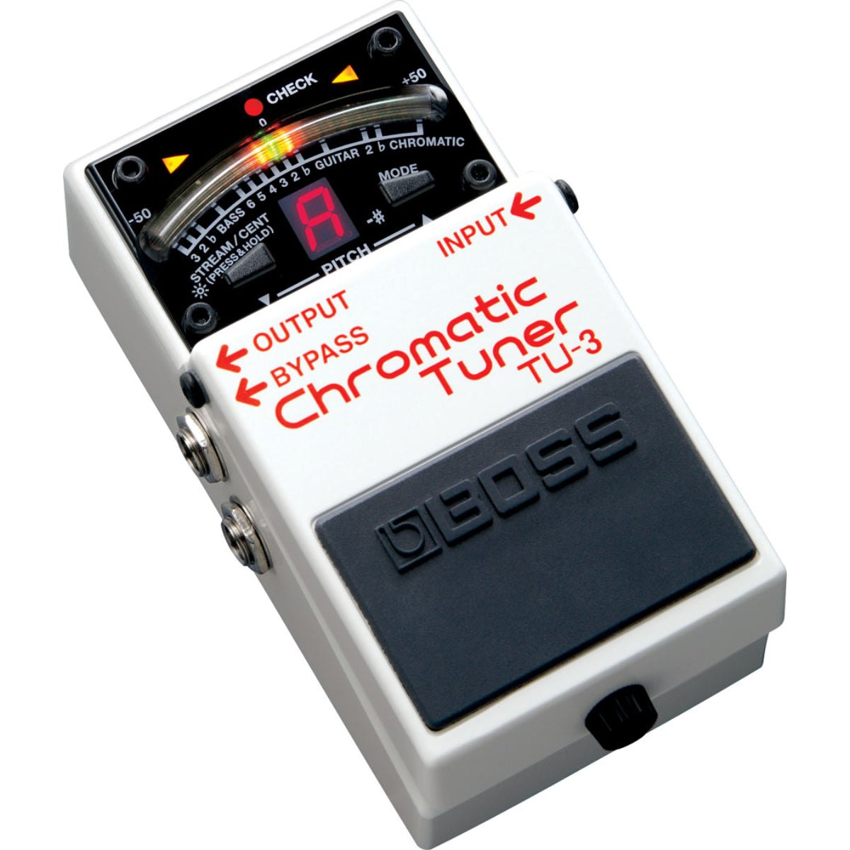 Pedal Tuner BOSS TU-3 Chromatic Tuner – góc nghiêng phải thấy màn hình LED, nút MODE và jack INPUT