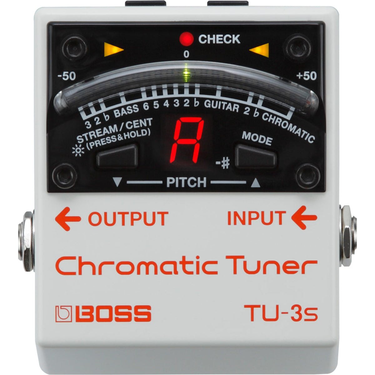 Pedal Tuner BOSS TU-3S Chromatic Tuner – mặt trên với màn hình LED, nút STREAM/CENT, MODE và nút PITCH