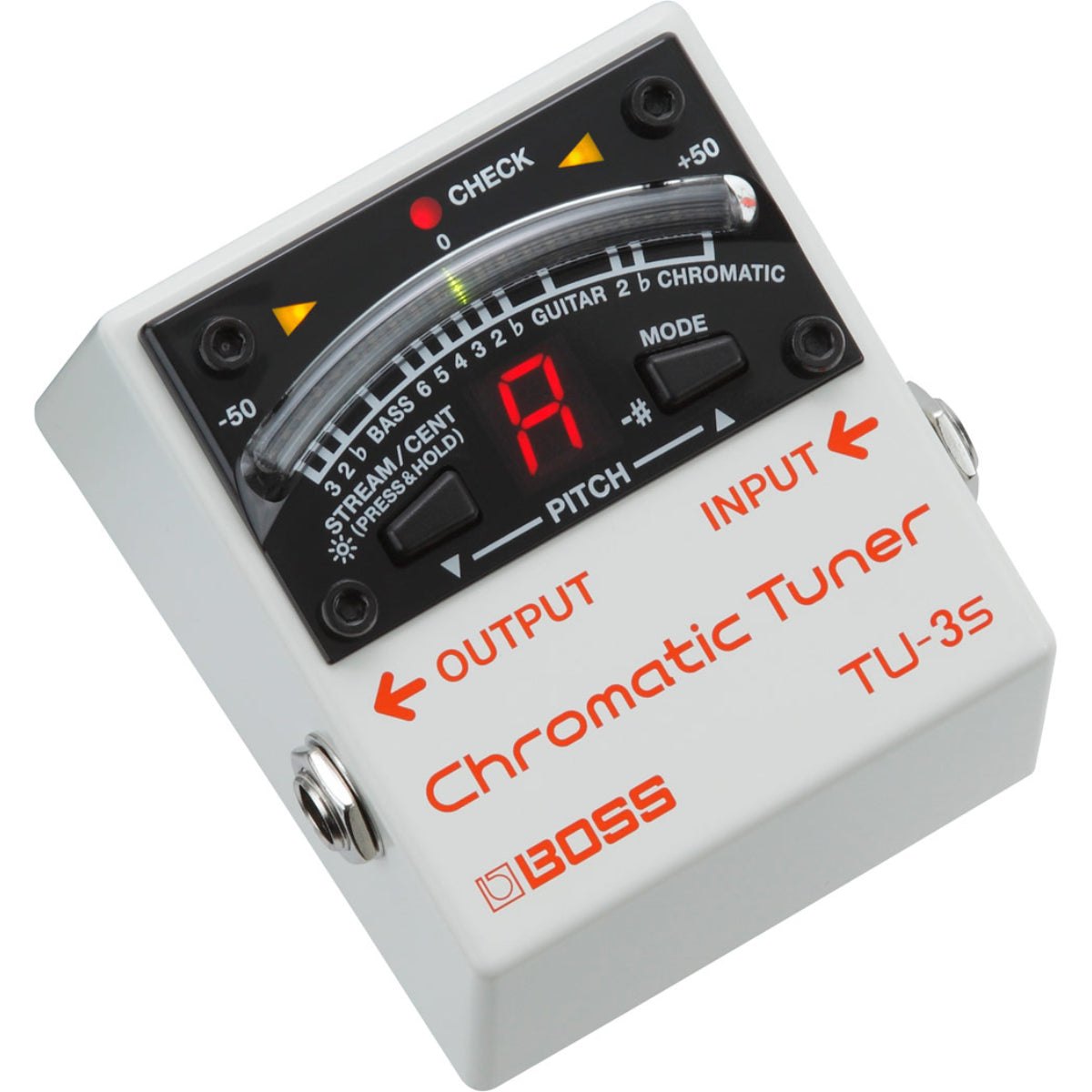 Pedal Tuner BOSS TU-3S Chromatic Tuner – góc nghiêng 3/4, vỏ mini không có công tắc bàn đạp