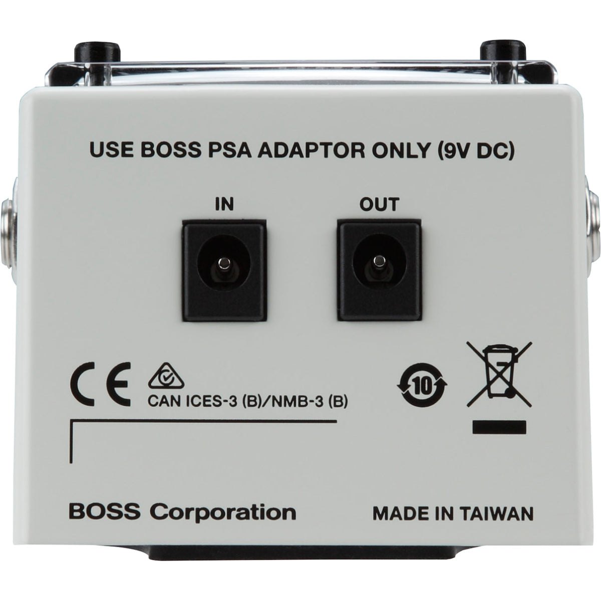 Pedal Tuner BOSS TU-3S Chromatic Tuner – mặt sau với cổng nguồn DC IN và DC OUT 9V, nhãn Made in Taiwan