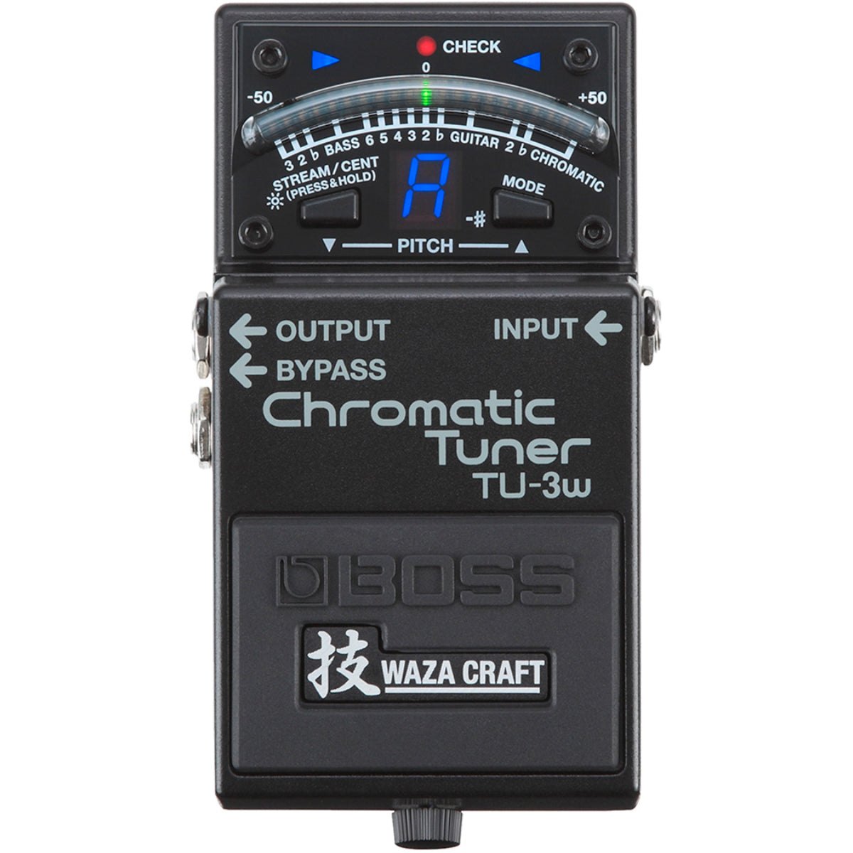 Pedal Tuner BOSS TU-3W Waza Craft Chromatic Tuner – mặt trước bản Waza Craft màu đen, màn hình LED xanh dương