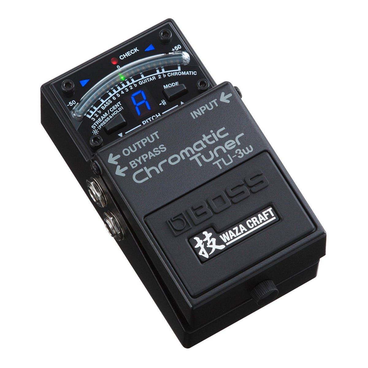 Pedal Tuner BOSS TU-3W Waza Craft Chromatic Tuner – góc nghiêng 3/4 thấy logo Waza Craft và cổng OUTPUT, BYPASS, INPUT