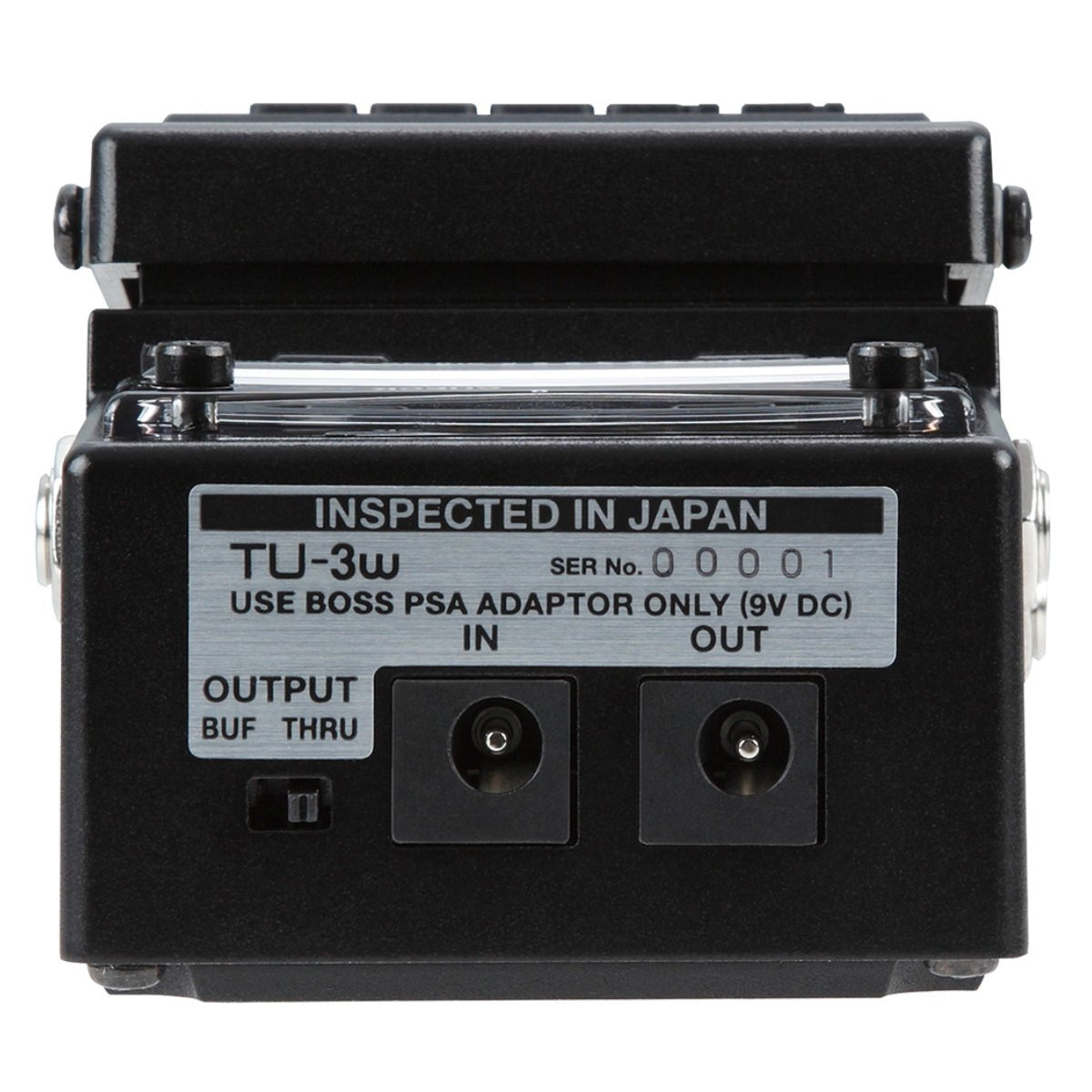 Pedal Tuner BOSS TU-3W Waza Craft Chromatic Tuner – mặt sau với công tắc OUTPUT BUF/THRU và cổng nguồn DC IN, OUT