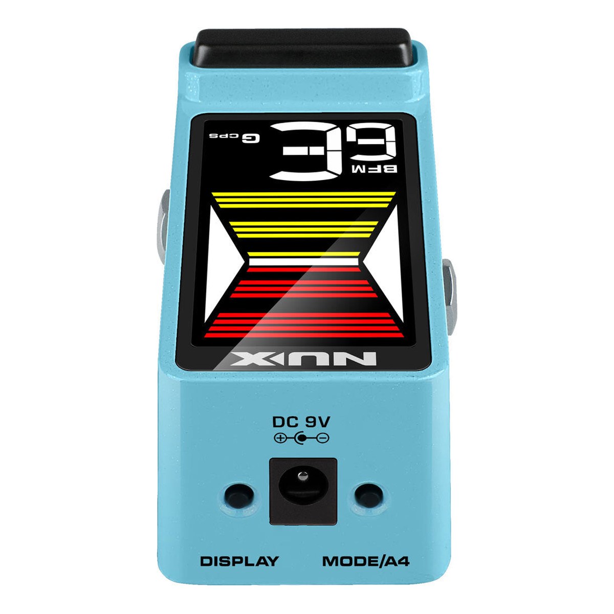 Pedal Tuner NUX Flow Tune MKII NTU-3 màu Blue – Đầu pedal màu Blue: jack nguồn DC 9V, nút DISPLAY và MODE/A4