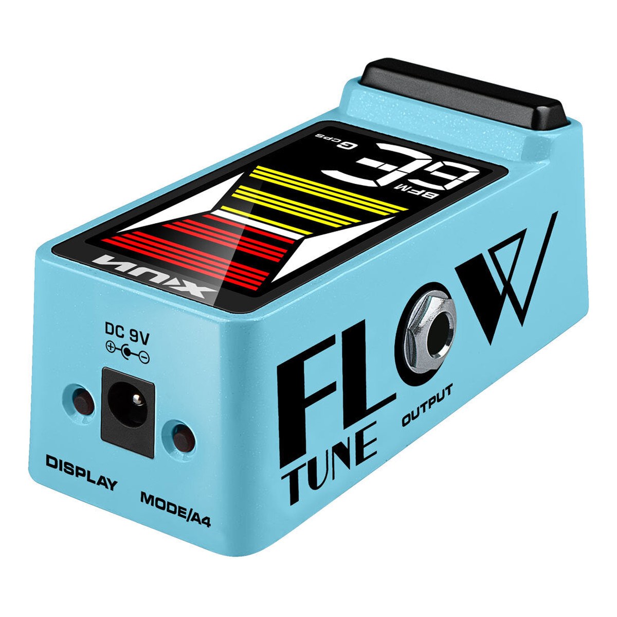 Pedal Tuner NUX Flow Tune MKII NTU-3 màu Blue – Góc nghiêng màu Blue thấy mặt trên, đầu pedal và cạnh OUTPUT